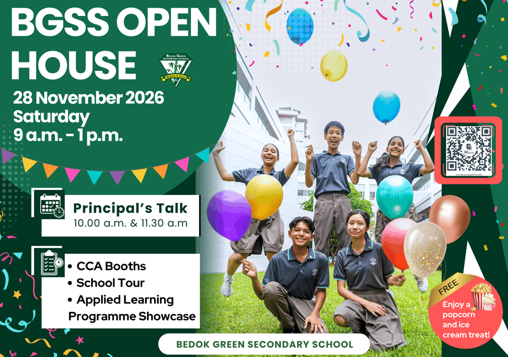 Bedok Green Secondary School Open House flyer, featuring smiling students with balloons.